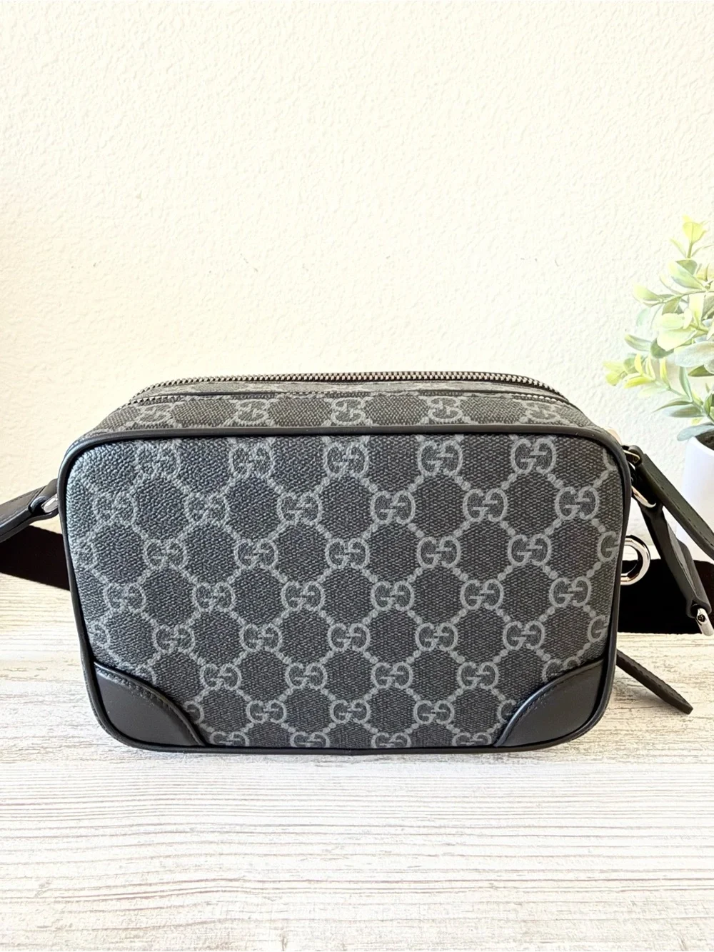 New Gucci GG Emblem canvas men mini crossbody bag, black